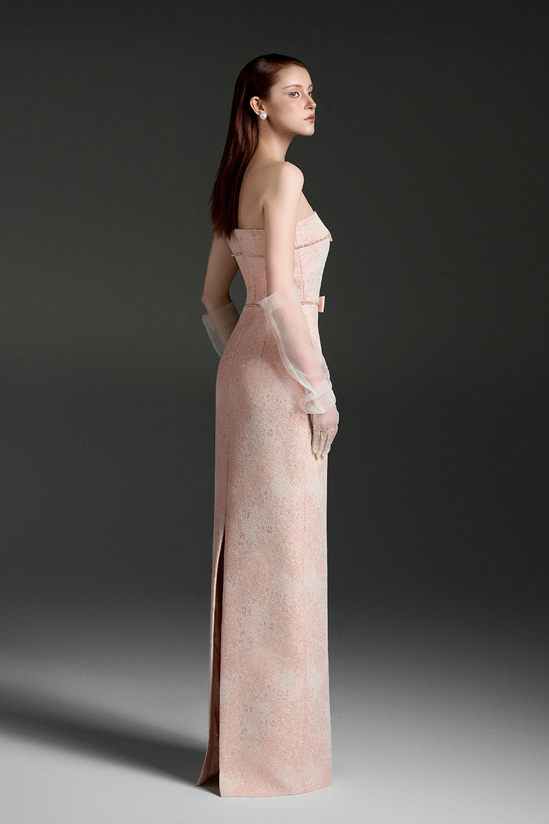 Strapless lacquered brocade gown by I.H.F Studio featuring intricate design and elegant silhouette.
