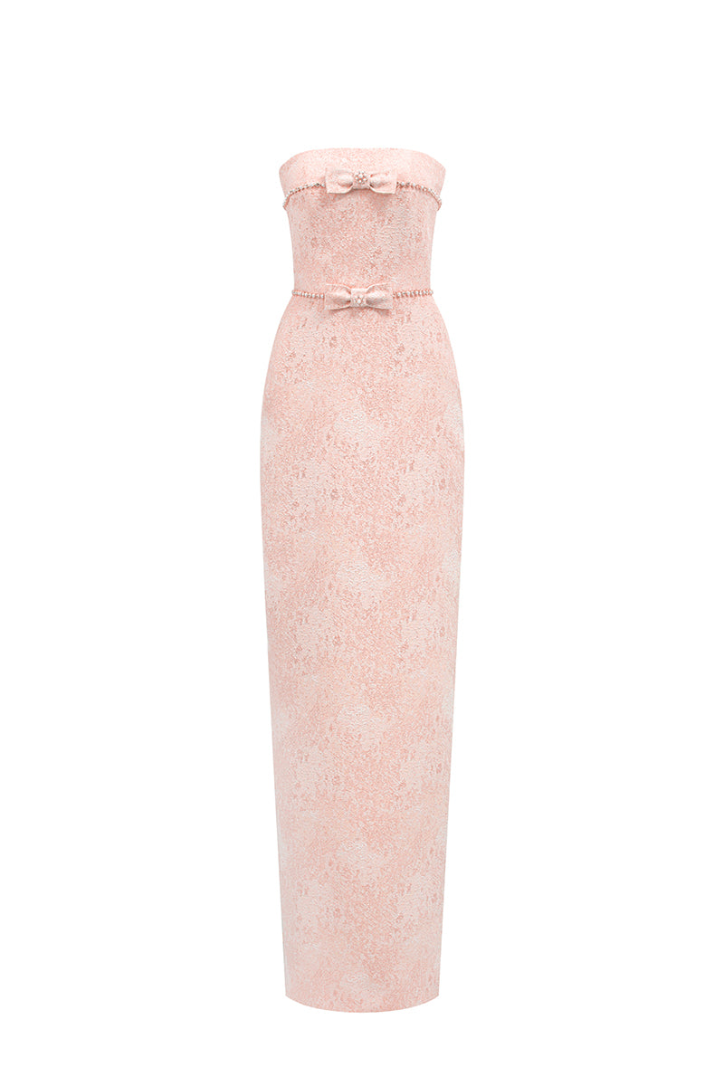 STRAPLESS LACQUERED BROCADE MAXI DRESS - CULT MIA