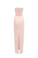 Elegant strapless lacquered brocade gown by I.H.F Studio, featuring intricate pattern and luxurious fabric.