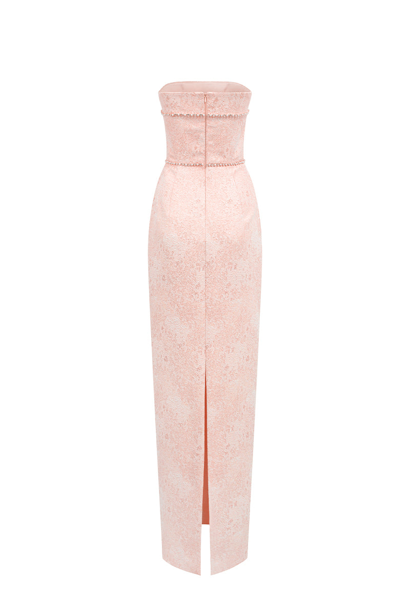 Elegant strapless lacquered brocade gown by I.H.F Studio, featuring intricate pattern and luxurious fabric.