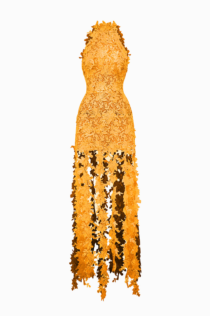 I.H.F Studio CULT MIA X floral vine orange lace maxi dress displayed on a hanger, showcasing intricate lace details and vibrant floral pattern.