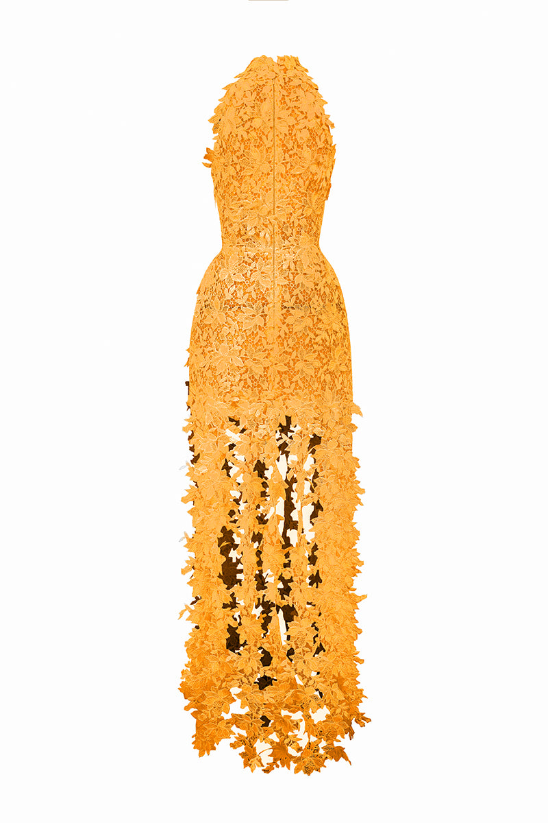 I.H.F Studio CULT MIA X floral vine orange lace maxi dress displayed on a hanger with intricate lace details and vibrant floral pattern.