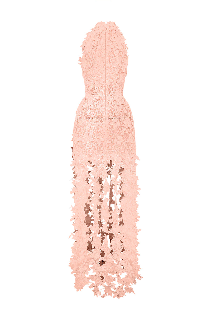 Pink floral lace maxi dress by I.H.F Studio, featuring intricate lace details and a flowing silhouette.