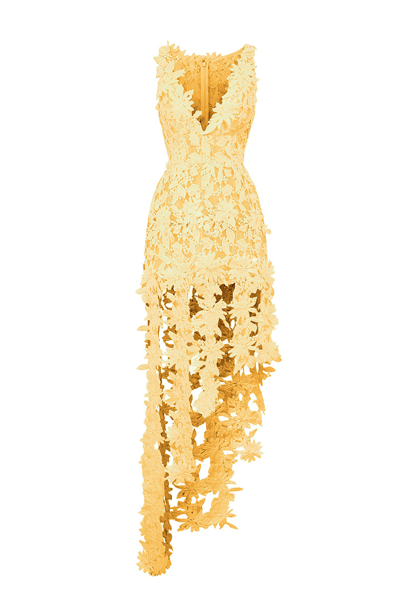Yellow floral lace maxi dress from CULT MIA X I.H.F Studio with intricate lace details and a flowing silhouette.