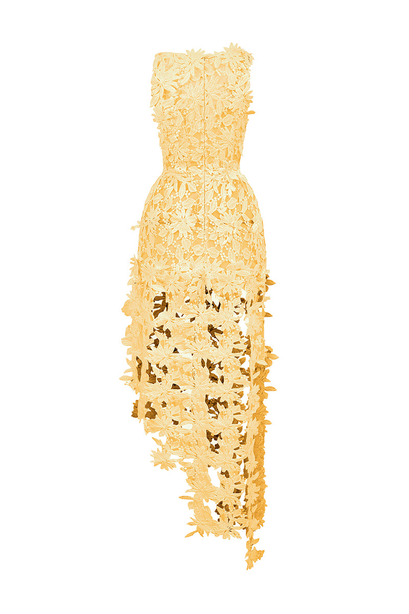 Yellow floral lace maxi dress from I.H.F Studio, featuring intricate botanical lace details and a flowing silhouette.