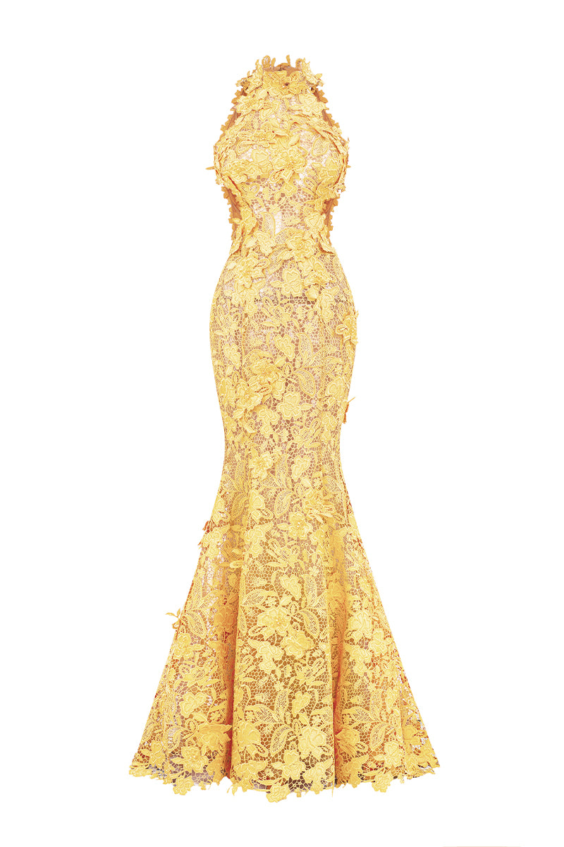 I.H.F Studio CULT MIA X floral garden yellow lace maxi dress displayed on a hanger with intricate lace details and flowing fabric.