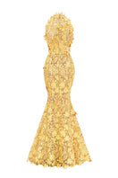 I.H.F Studio CULT MIA X floral garden yellow lace gown with long sleeves and intricate lace details, perfect for elegant occasions.