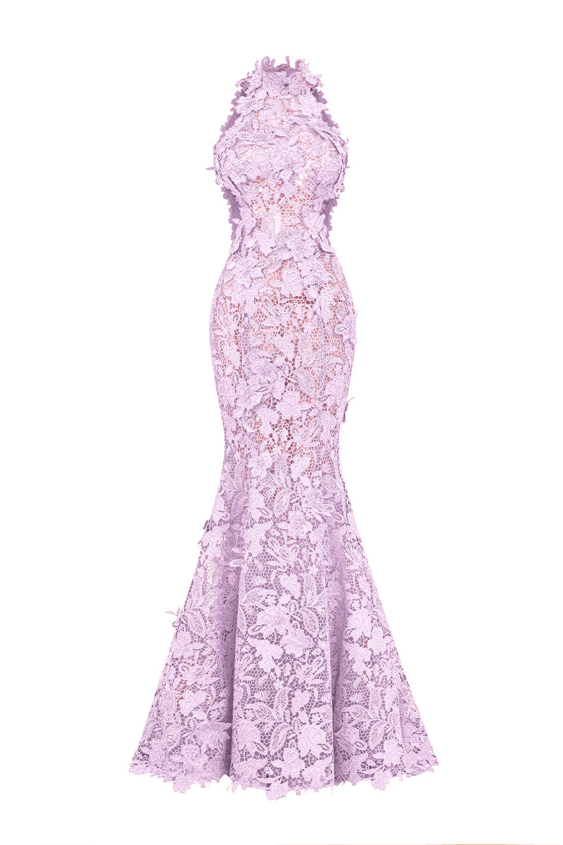 I.H.F Studio CULT MIA X floral purple and yellow lace maxi dress displayed on a hanger with intricate lace details.