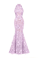 Purple floral lace gown by I.H.F Studio, featuring intricate lace details and a flowing maxi design for elegant occasions.
