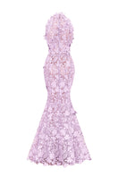 Purple floral lace gown by I.H.F Studio, featuring a maxi length and elegant design, perfect for formal occasions.