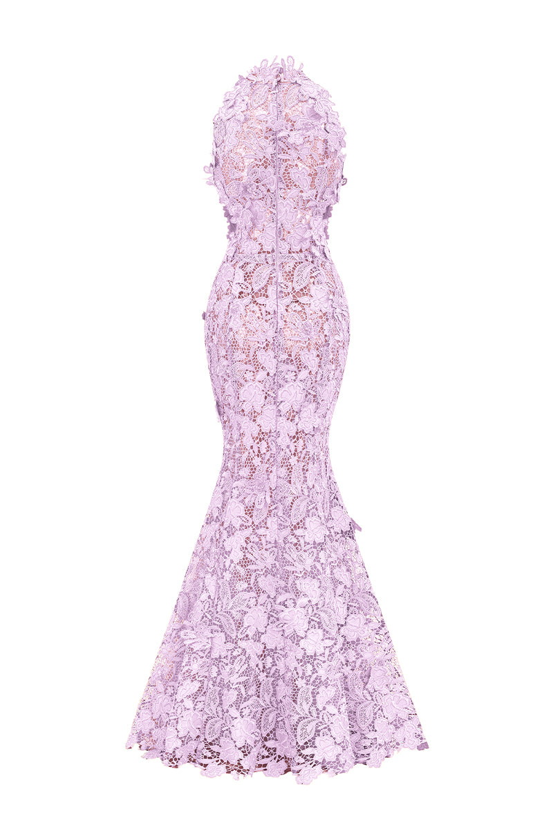 Purple floral lace gown by I.H.F Studio, featuring a maxi length and elegant design, perfect for formal occasions.