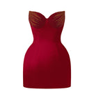 Red Lotus Satin Bustier Mini Dress by I.H.F Studio, featuring a fitted bustier design and satin fabric, displayed on a mannequin.