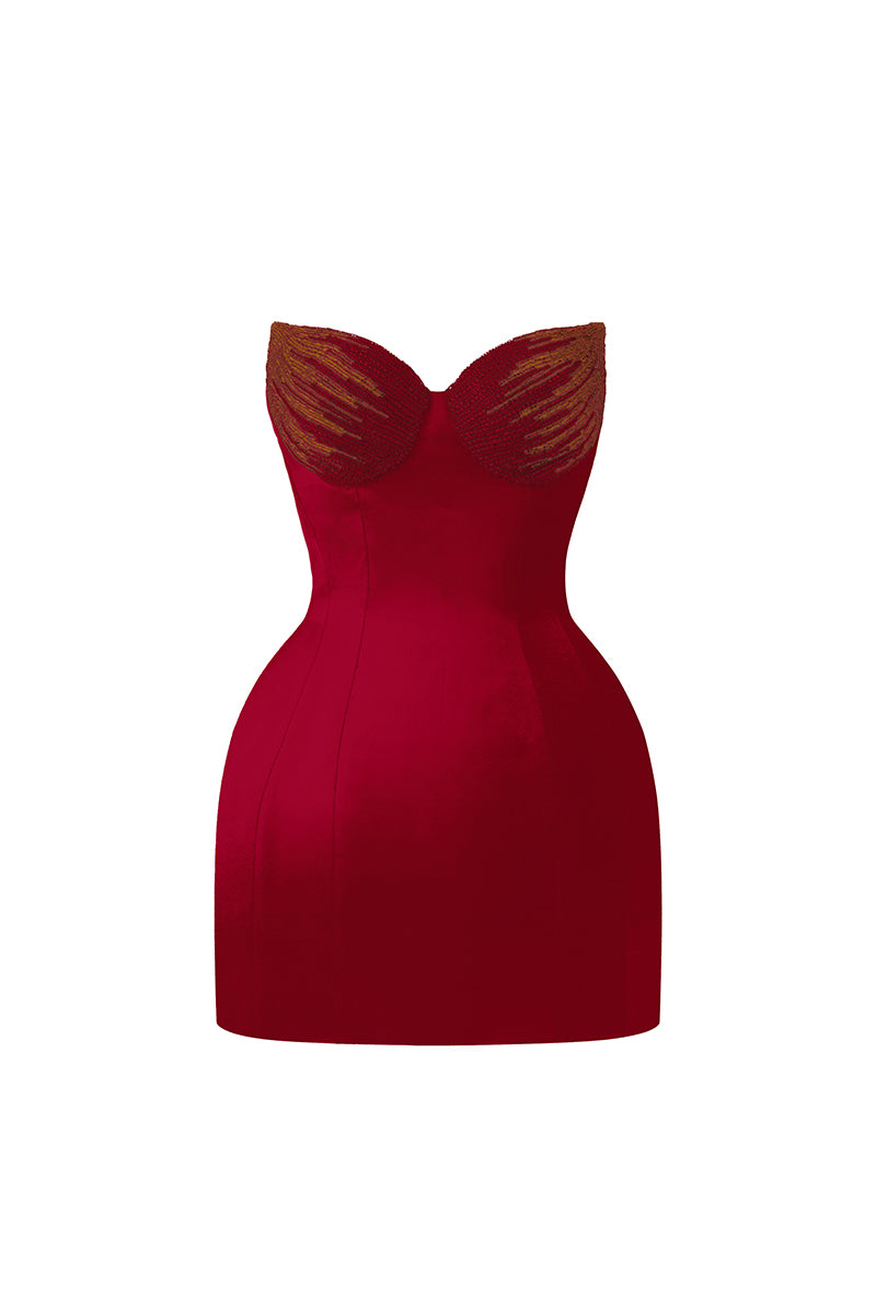 LOTUS SATIN BUSTIER MINI DRESS IN RED - CULT MIA