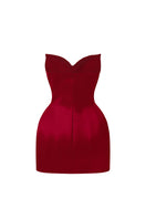 Red Lotus satin bustier mini dress by I.H.F Studio, featuring a fitted design and satin fabric, perfect for stylish occasions.