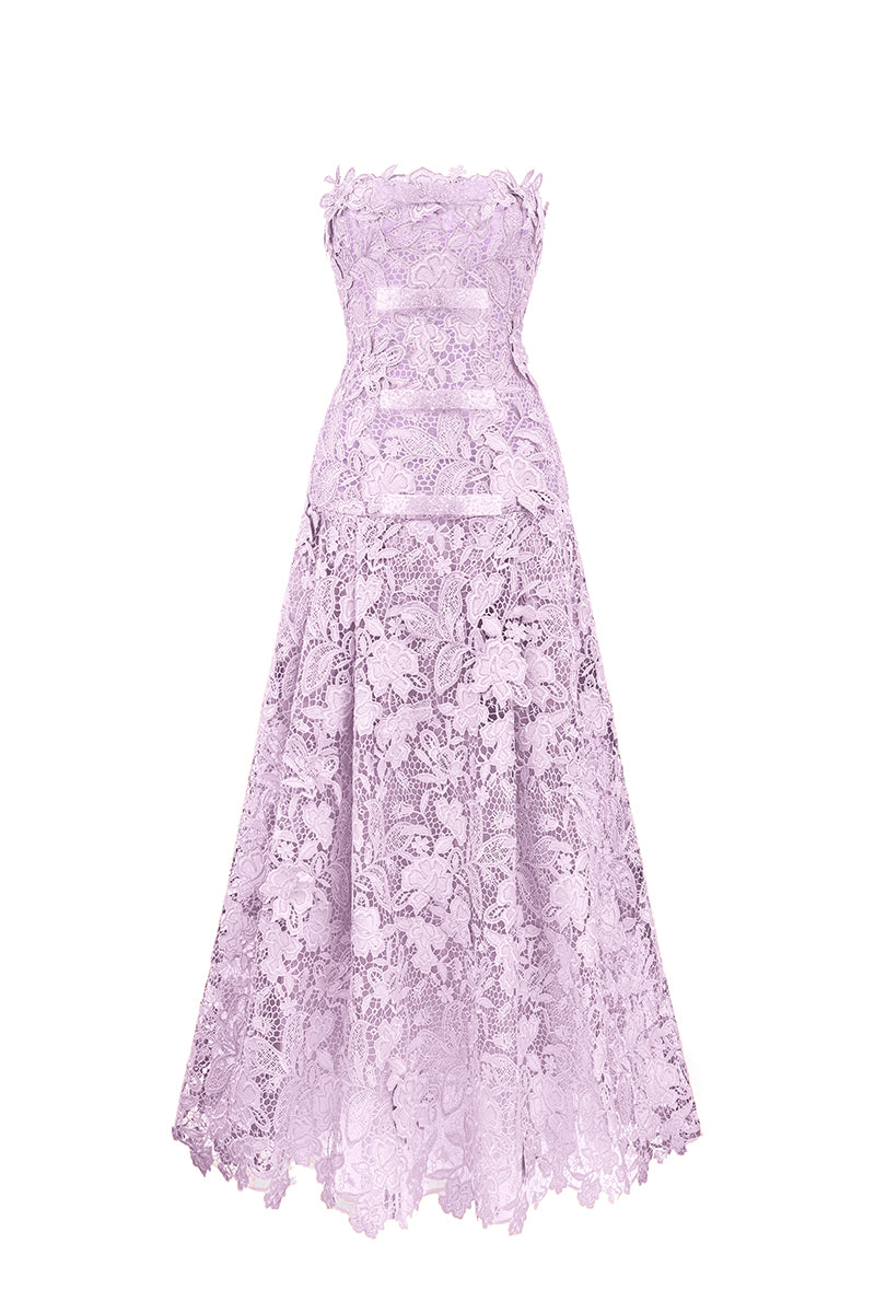 Purple floral strapless maxi dress by I.H.F Studio featuring an A-line silhouette and elegant design.