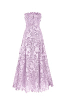 Purple floral strapless maxi dress from I.H.F Studio, featuring an A-line silhouette and elegant garden-inspired design.