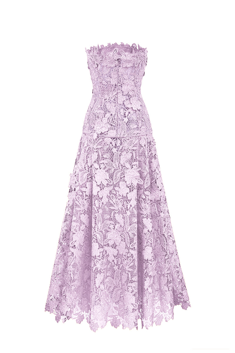 Purple floral strapless maxi dress from I.H.F Studio, featuring an A-line silhouette and elegant garden-inspired design.