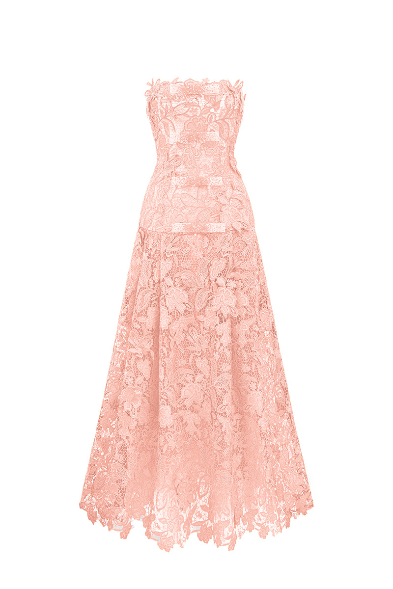 Pink floral strapless maxi dress from I.H.F Studio, featuring an A-line silhouette and elegant garden-inspired design.