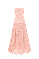 Pink floral strapless A-line maxi dress from I.H.F Studio with a flowing silhouette and garden-inspired pattern.