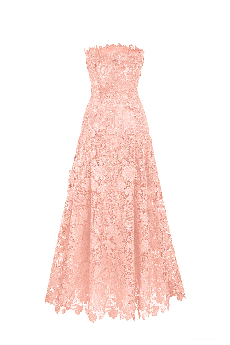 I.H.F Studio CULT MIA X floral garden pink strapless A-line maxi dress displayed on a hanger.