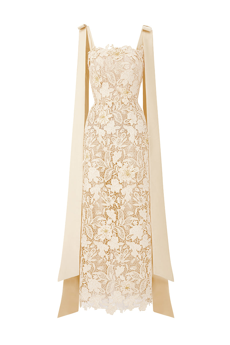 I.H.F Studio CULT MIA X floral garden ivory lace maxi dress with elegant column silhouette and intricate lace details.