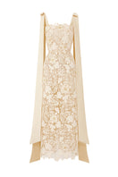 I.H.F Studio CULT MIA X floral garden ivory lace maxi dress, elegant column style with intricate lace details and a flowing silhouette.