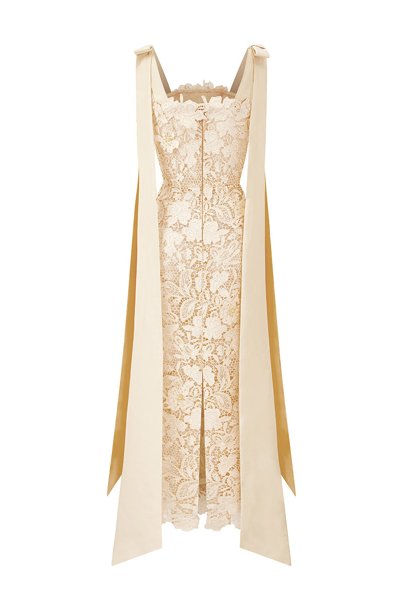 I.H.F Studio CULT Mia X floral garden ivory lace maxi dress with a fitted column silhouette and elegant floral lace details.
