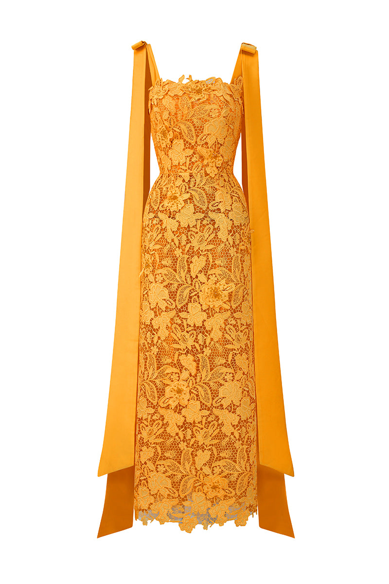I.H.F Studio CULT MIA X floral garden orange lace maxi dress with a column silhouette, featuring intricate lace details.