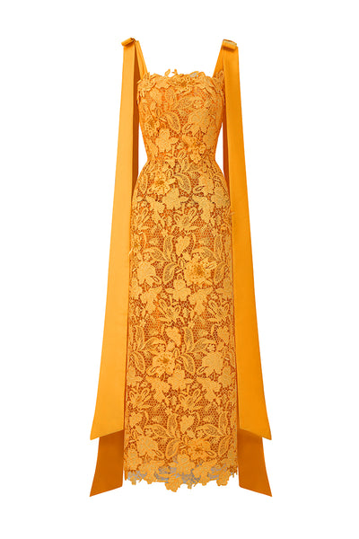 CULT MIA X I.H.F STUDIO FLORAL GARDEN ORANGE LACE COLUMN DRESS