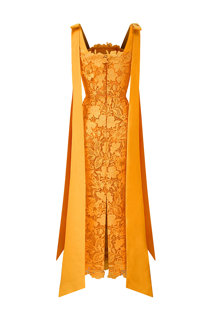 I.H.F Studio CULT MIA X floral garden orange lace maxi dress with a fitted column silhouette and elegant design.