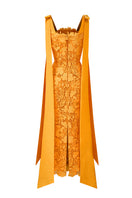I.H.F Studio CULT MIA X floral garden orange lace maxi dress with elegant column silhouette and intricate lace details.