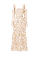 I.H.F Studio Cult Mia X floral garden ivory lace A-line maxi dress displayed on a mannequin with floral details.