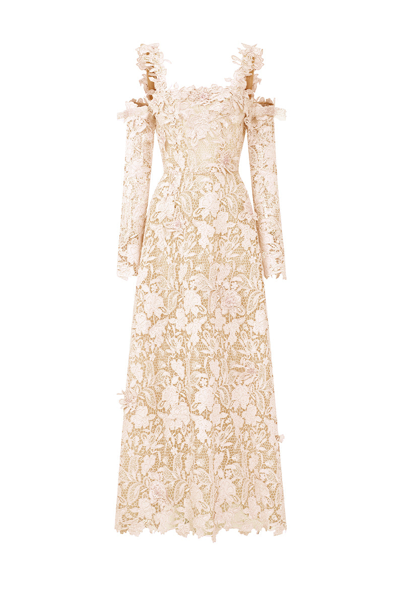 I.H.F Studio Cult Mia X floral garden ivory lace A-line maxi dress displayed on a mannequin with floral details.