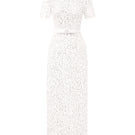 White lace structured midi dress with floral sequins by I.H.F Studio, featuring a sleek, elegant design and fitted silhouette.