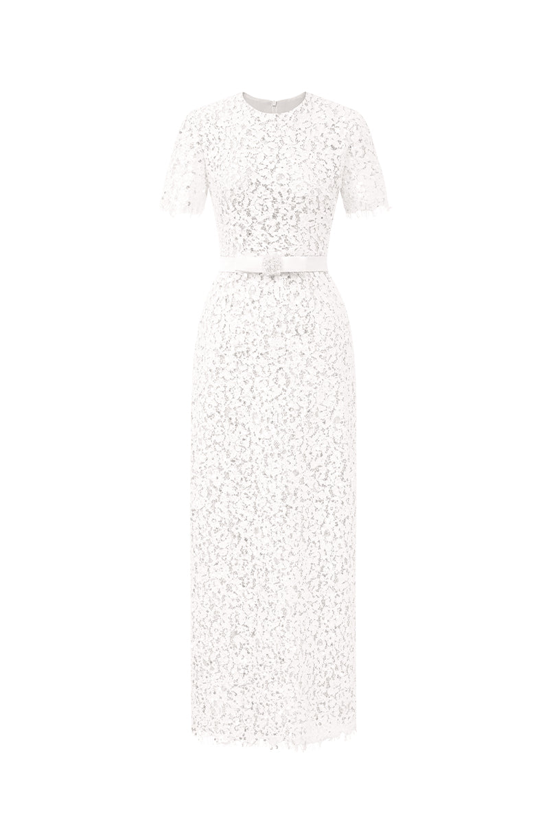 I.H.F Studio CULT MIA X floral white lace structured midi dress with sequin accents, featuring a fitted design and elegant style.