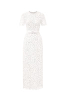 White lace structured midi dress with floral sequins by I.H.F Studio, featuring a sleek, elegant design and fitted silhouette.