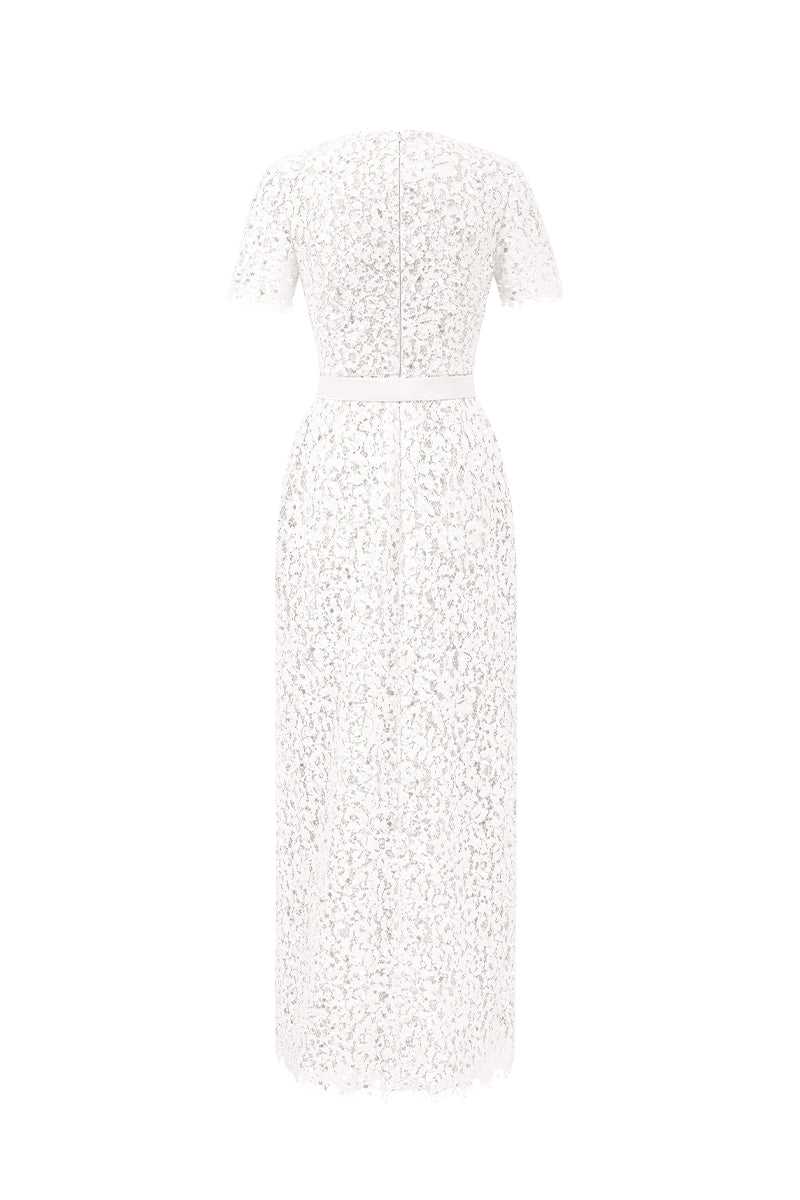 I.H.F Studio CULT MIA X floral white lace structured midi dress with sequins, elegant maxi dress design, shown from the front on model