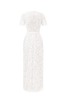 I.H.F Studio CULT MIA X floral white lace maxi dress with sequin accents, structured fit, and midi length for elegant occasions.