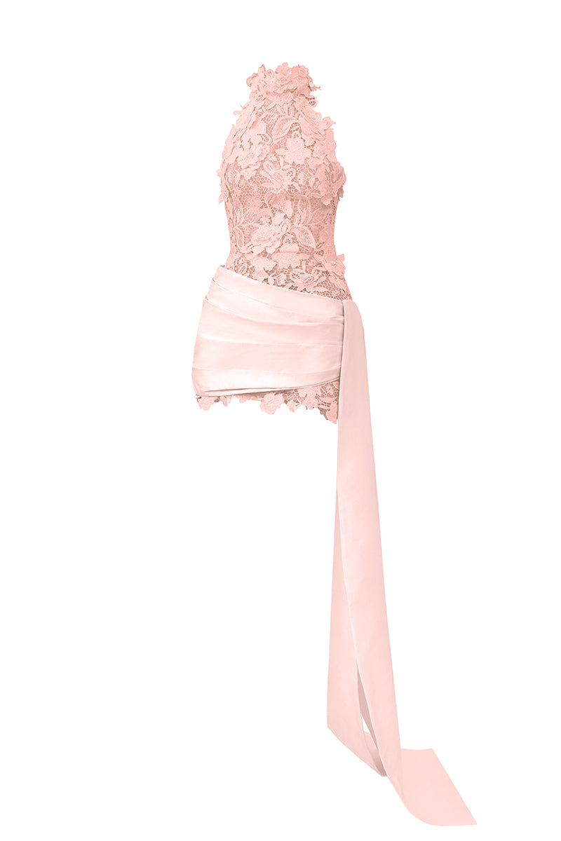 FLORAL LACE HALTER MINI DRESS IN PINK - CULT MIA