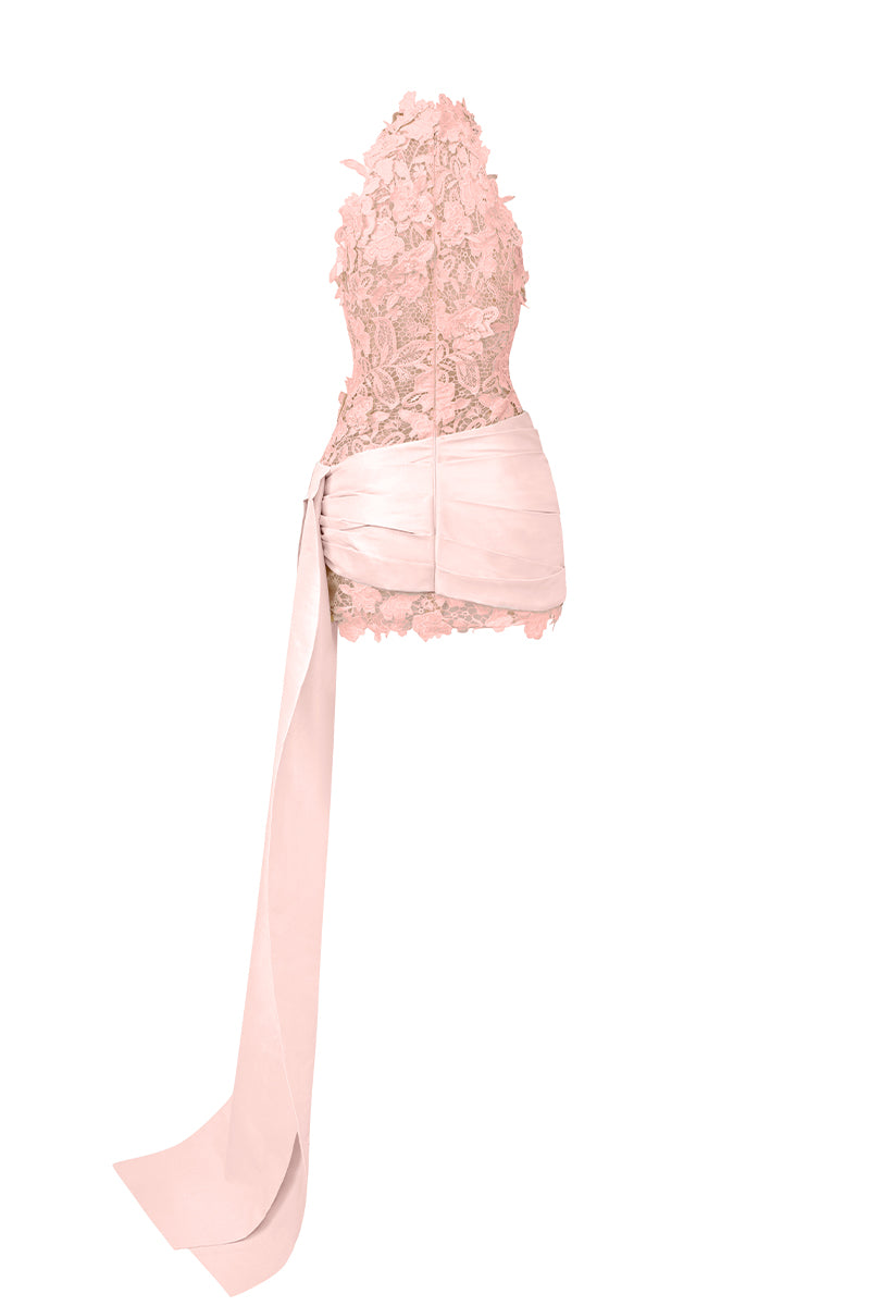 FLORAL LACE HALTER MINI DRESS IN PINK - CULT MIA