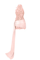 Pink floral lace halter mini dress by I.H.F Studio featuring delicate lace details and a fitted halter neckline.