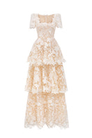 Ivory floral garden lace 3-tiered A-line gown by I.H.F Studio with intricate lace details and flowing silhouette.
