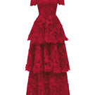 Red floral garden lace 3-tiered A-line gown by I.H.F Studio featuring intricate lace details and flowing silhouette.