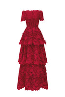 Red floral garden lace 3-tiered A-line gown by I.H.F Studio with intricate lace details and flowy silhouette.