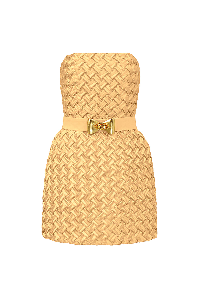 Yellow smocked silk bustier mini dress by I.H.F Studio, featuring a fitted bodice and stylish design.