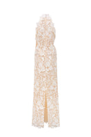 Ivory floral lace gown with long bow straps by I.H.F Studio, featuring intricate lace details and elegant flowing design.