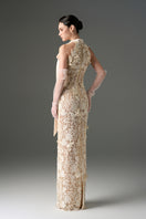 Ivory floral garden lace gown with long bow straps by I.H.F Studio, featuring intricate lace details and a graceful, flowing design.