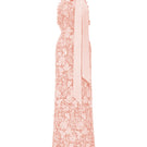 Light pink floral garden lace gown with long bow straps by I.H.F Studio, featuring intricate lace details and flowing fabric.