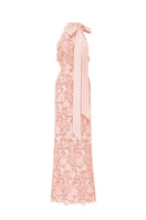 Light pink floral garden lace gown with long bow straps by I.H.F Studio, featuring intricate lace details and flowing fabric.