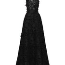Black floral garden lace halter neck A-line gown by I.H.F Studio, featuring intricate lace details and a flowing silhouette.